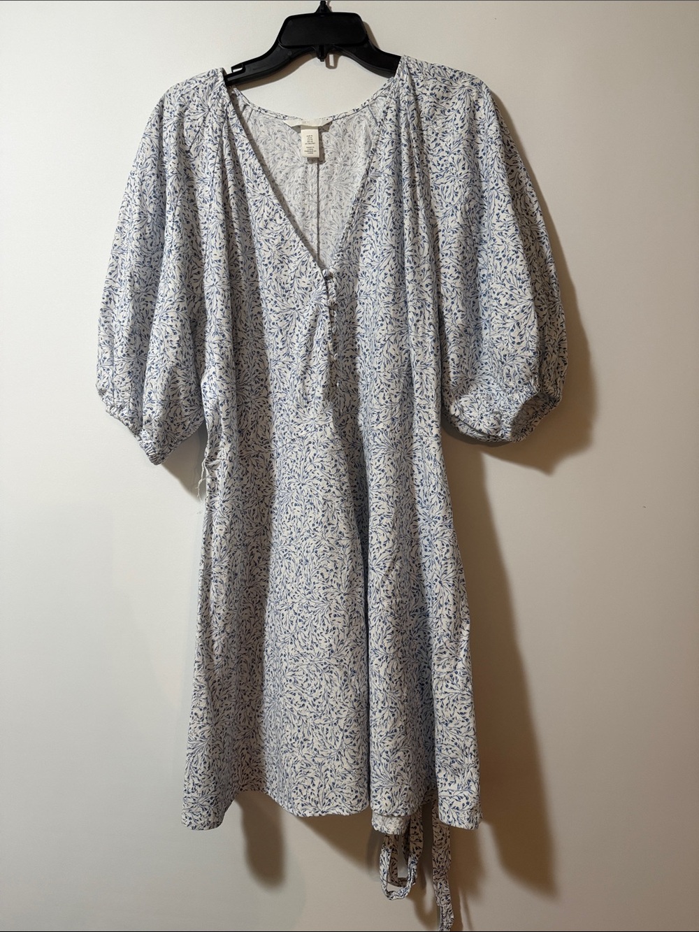 H&M Light Blue & White Midi Dress with Puff Sleeves